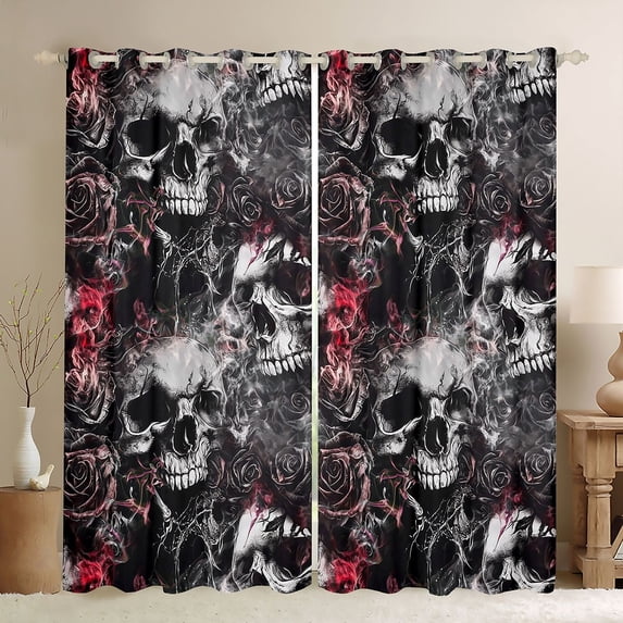 Homewish Grunge Skull Skeleton Kitchen Curtains,Red Rose Flowers Black Out Curtains Pack of 2 (42x63 Each),Halloween Living Room Curtains