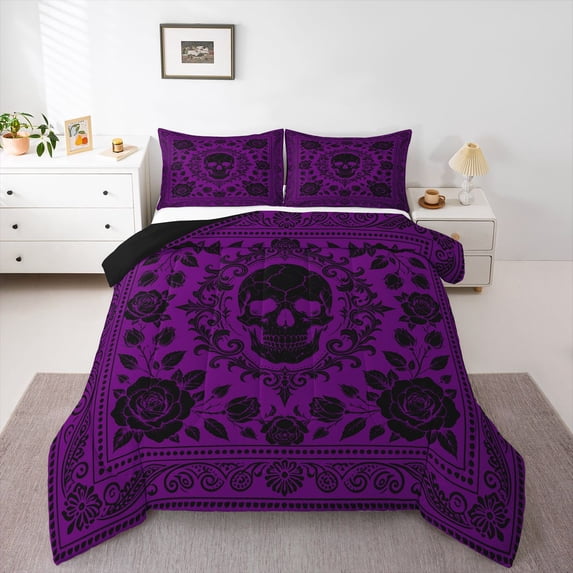 Homewish Grunge Skull Skeleton Queen Comforter Set,Victorian Damask Comforter Sets Queen,Happy Halloween Duvet,Black Reversible,3pcs,1 Comforter and 2 Pillowcases