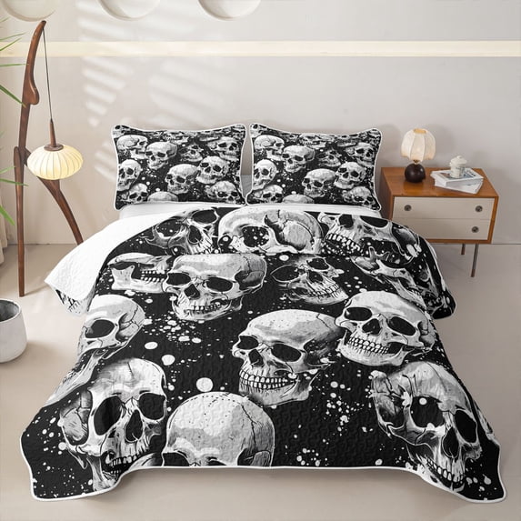 Homewish Grunge Skull Skeleton Quilt Full,Spooky Halloween Full Bedspread Sets,White Black,3pcs