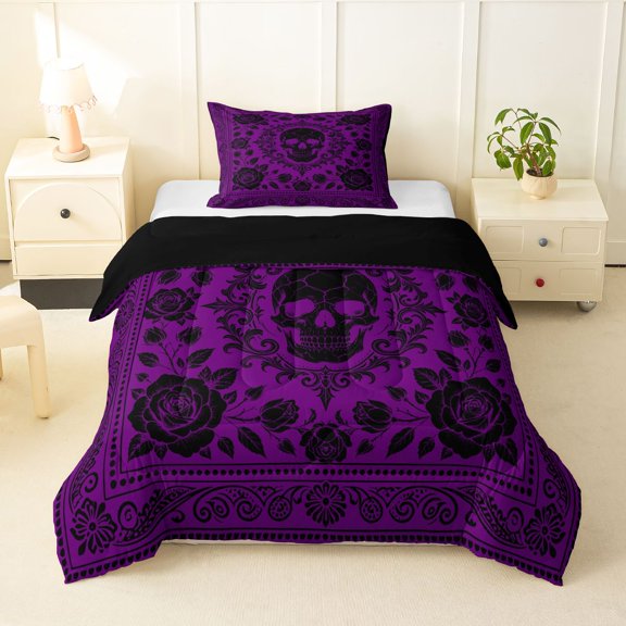 Homewish Grunge Skull Skeleton Twin Comforter Sets,Victorian Damask Bedding Set,Happy Halloween Duvet,Black Reversible,2-Piece,1 Comforter and 1 Pillowcase