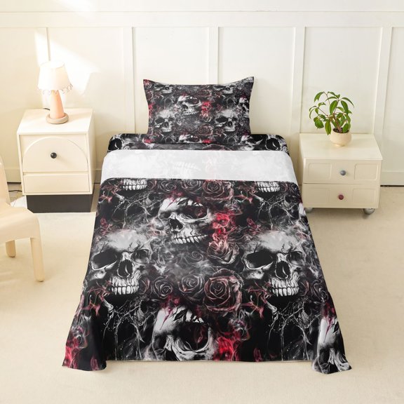 Homewish Grunge Skull Skeleton Twin Sheets,Red Rose Flowers Bedding,Halloween Bed Set,3pcs,1 Fitted Sheet and 1 Pillowcase