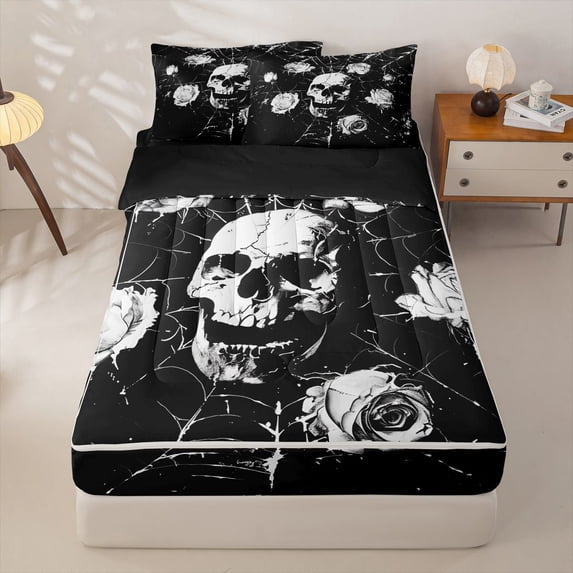 Homewish Grunge Skull Skeleton Zipper Full Size Comforter Sets with Fitted Sheet and 2 Pillowcases,Halloween Spider Web Zipper Bedding Set,Floral Bed Set,Black Reversible,4pcs
