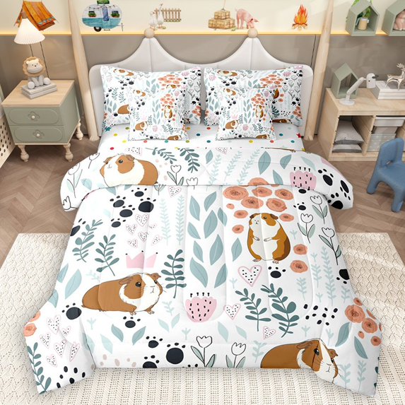 Homewish Guinea Pig 7-Piece Twin Bedding Sets for Teens Boys Girls,Flower Animal Bedding Comforter Set,Dreamy Princess Breathable Sheet Sets,Ultra Soft Home Decor,Reversible