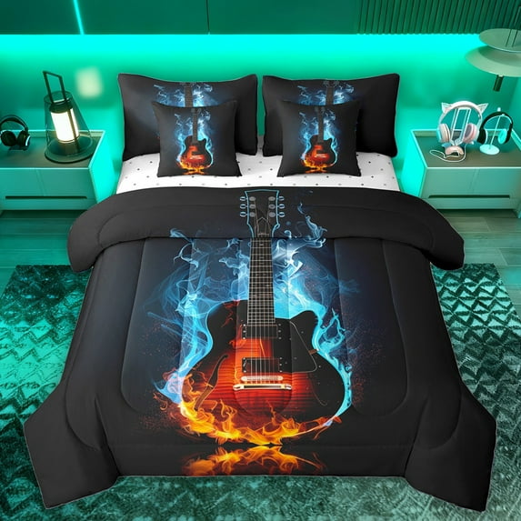 Homewish Guitar Print 7 Pieces Bedding Comforter Set,Rock Music Full Bedding Set,Musical Instrument Lovers Fitted Sheet Flat Sheet For Boys Kids,Ultra Soft Home Decor