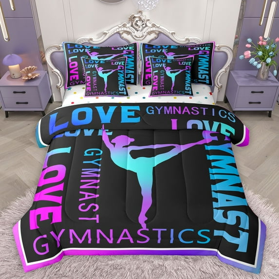 Homewish Gymnast Girl Bedding Comforter Set 7pcs for Kids Children Girls,Gymnastics Dance Queen Bedding Sets Super Cozy,Abstract Gradient Ombre Queen Sheet Sets,Super Cozy Room Decor,Reversible