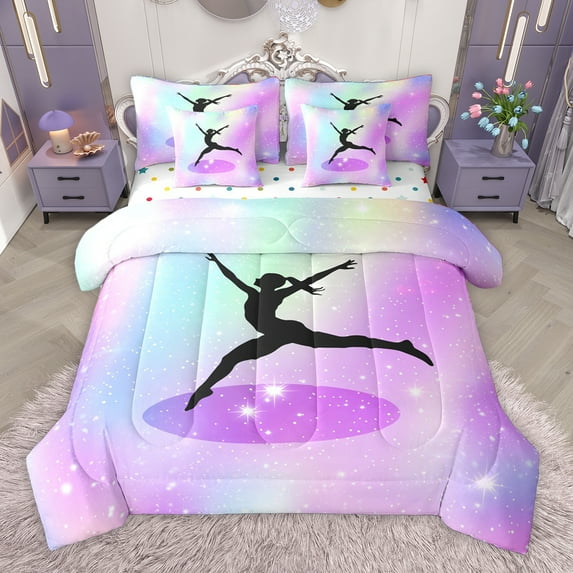 Homewish Gymnastics 7-Piece Twin Bedding Sets,Gymnast Lovers Bedding Comforter Set,Pink Purple Black Sheet Sets For Kids,Luxury Bedroom Decor Reversible