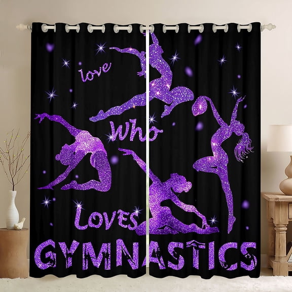 Homewish Gymnastics Dancing Lovers Black Out Curtains,Girls Gymnastic Sports Curtains Pack of 2 (42x63 Each),Purple Sequin Print Bedroom Curtains For Kids,Ultra Soft Home Decor