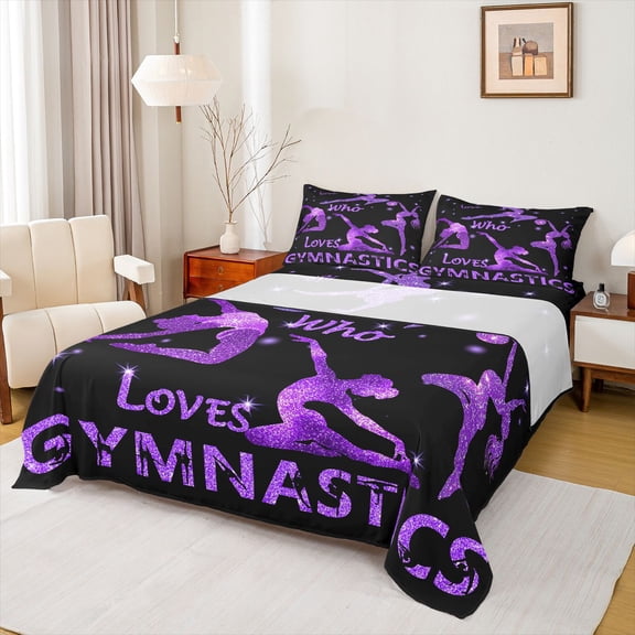 Homewish Gymnastics Dancing Lovers Twin Sheet Sets,Girls Gymnastic Sports Twin Fitted Sheet,Purple Sequin Print Flat Sheet For Kids,Ultra Soft Home Decor,3 Pieces