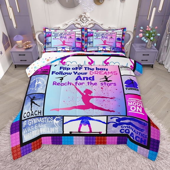 Homewish Gymnastics Girl Bedding Comforter Set,Patchwork Geometric Grid Twin Comforter Sets,Pink Splashing Ink Bedding Set For Kids,Ultra Soft Home Decor Reversible,2-Piece
