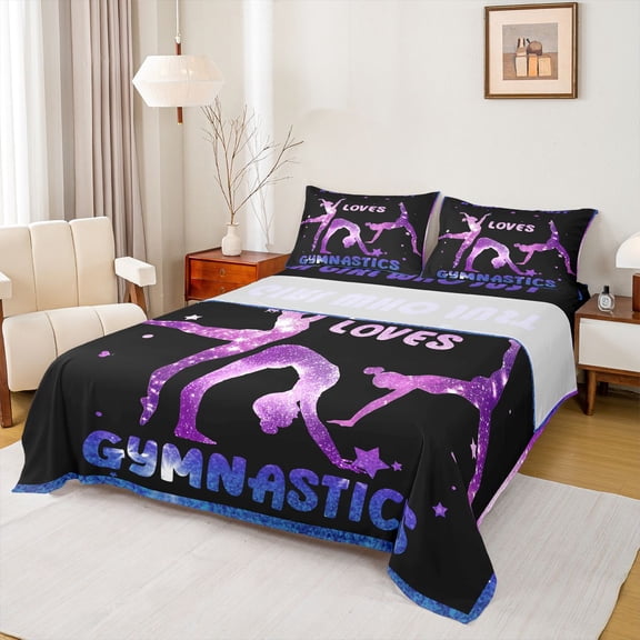 Homewish Gymnastics Lovers Twin Sheet Sets,Chic Gliitter Print Twin Fitted Sheet,Blue Purple Black Flat Sheet For Kids,Luxury Bedroom Decor,3-Piece
