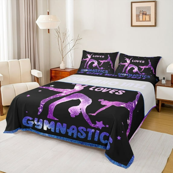 Homewish Gymnastics Lovers Twin Sheet Sets,Chic Gliitter Print Twin Fitted Sheet,Blue Purple Black Flat Sheet For Kids,Luxury Bedroom Decor,3-Piece