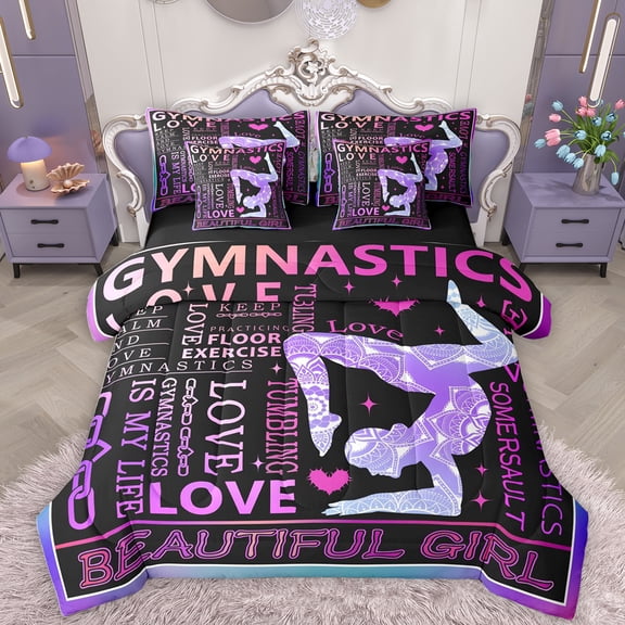 Homewish Gymnastics Sport 7-Piece Twin Bedding Sets,Gymnastics Dancing Lovers Bedding Comforter Set,Pink Purple Black Sheet Sets For Girls Kids,Ultra Soft Home Decor Reversible