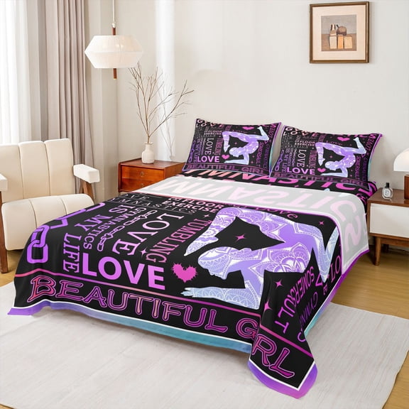 Homewish Gymnastics Sport Full Size Sheets,Gymnastics Dancing Lovers Bed Sheets,Pink Purple Black Sheet Sets For Girls Kids,Ultra Soft Home Decor,4pcs