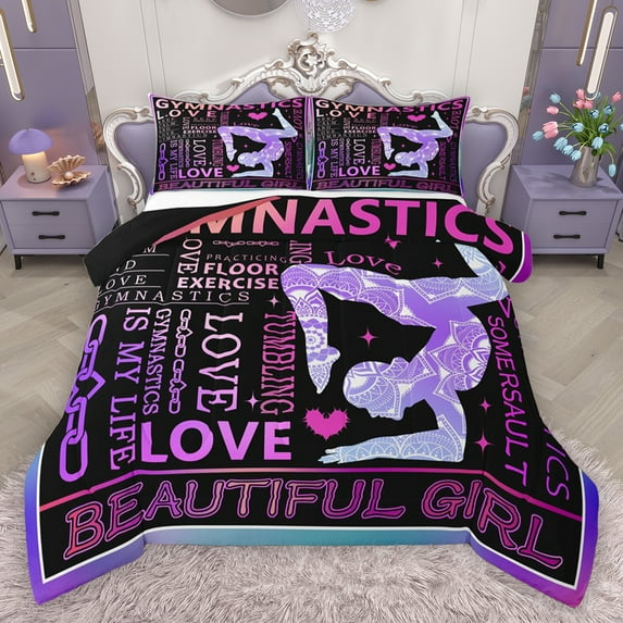 Homewish Gymnastics Sport Queen Comforter Set,Gymnastics Dancing Lovers Bedding Sets,Pink Purple Black Bedding Comforter Set For Girls Kids,Ultra Soft Home Decor Reversible,3-Piece