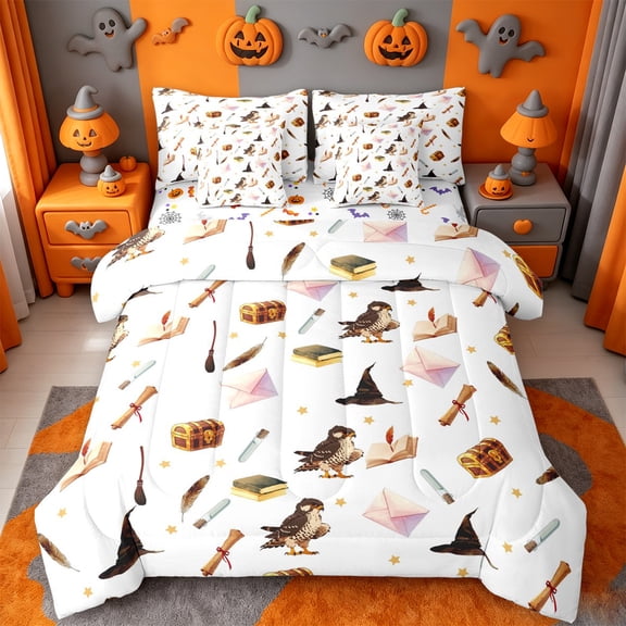 Homewish Halloween 7 Pieces Full Size Bedding Sets,Owl Magic Book Pattern Full Size Bed in a Bag,Halloween Reversible