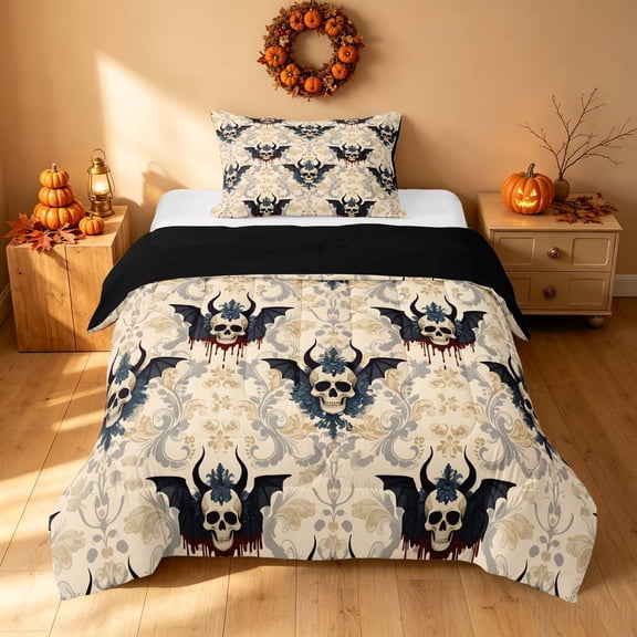 Homewish Halloween Baroque Devil Skull Twin Comforter Sets, Dark Floral Blood Drip Bedding Set, Beige Gray Red, Black Reversible, 2-Piece 1 Comforter and 1 Pillowcase