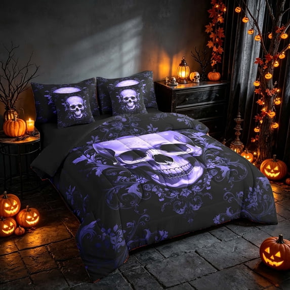 Homewish Halloween Baroque Skull King Bedding, Vintage Floral King Bed in a Bag, Black Purple, Black Reversible 7-Piece