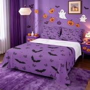 Homewish Halloween Bat Bed Sheets,Tiny Bow Print Full Size Sheets,Lavender Black,4pcs,1 Flat Sheet,1 Fitted Sheet and 2 Pillowcases