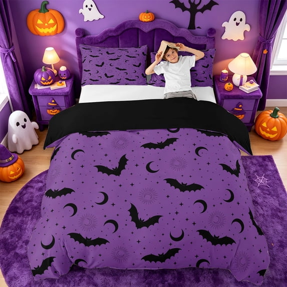 Homewish Halloween Bat Duvet Cover Queen,Crescent Pattern Queen Bedding,Lavender Purple Black,Black Reversible,3 Pieces,1 Duvet Cover and 2 Pillowcases