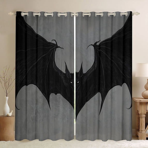 Homewish Halloween Bat Kitchen Curtains, Gothic Animal Black Out Curtains Pack of 2 (42x63 Each), Gray Black