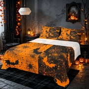 Homewish Halloween Bat Spider Web Bed Sheets, Grunge Halftone Full Size Sheets, Orange Black, 4-Piece 1 Flat Sheet, 1 Fitted Sheet and 2 Pillowcases