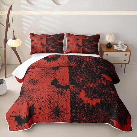 Homewish Halloween Bat Spider Web Twin Quilt Set, Grunge Halftone Twin Coverlet Set, Red Black, 2 Pieces 1 Bedspread and 1 Pillowcase