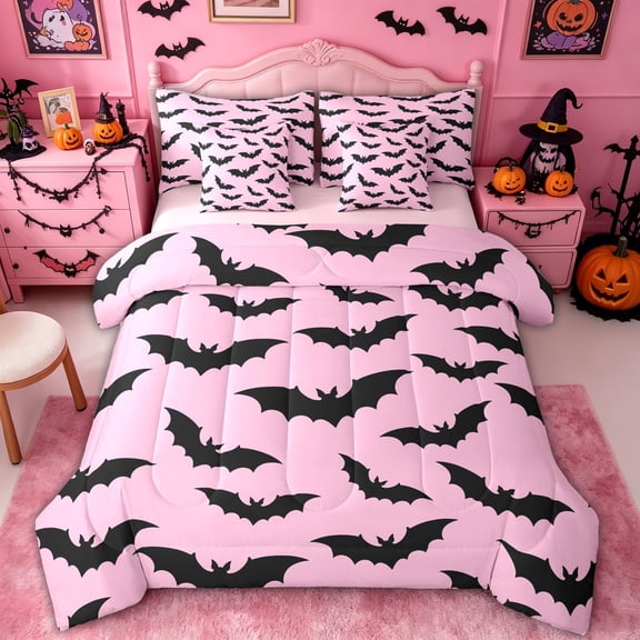 Homewish Halloween Bat Twin Bedding, Pink Cute Spooky Bedding Comforter Set, Pink Reversible, 7 Pieces