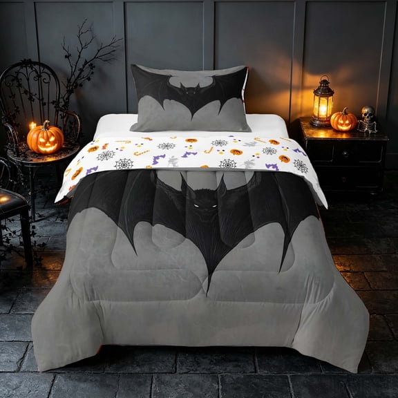 Homewish Halloween Bat Twin Comforter Sets, Gothic Animal Bedding Set, Gray Black, Pumpkin Bat Reversible, 2 Pieces 1 Comforter and 1 Pillowcase