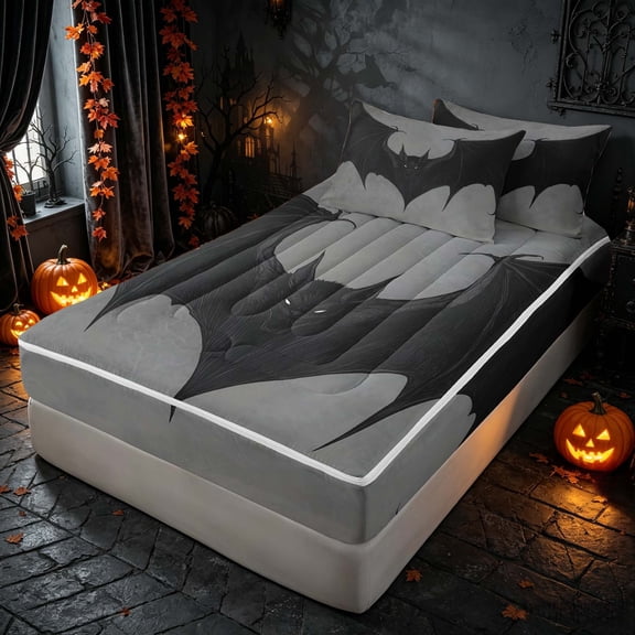 Homewish Halloween Bat Zipper Twin Comforter Sets with Fitted Sheet and 2 Pillowcases, Gothic Animal Zipper Bedding Set, Gray Black, Pumpkin Bat Reversible