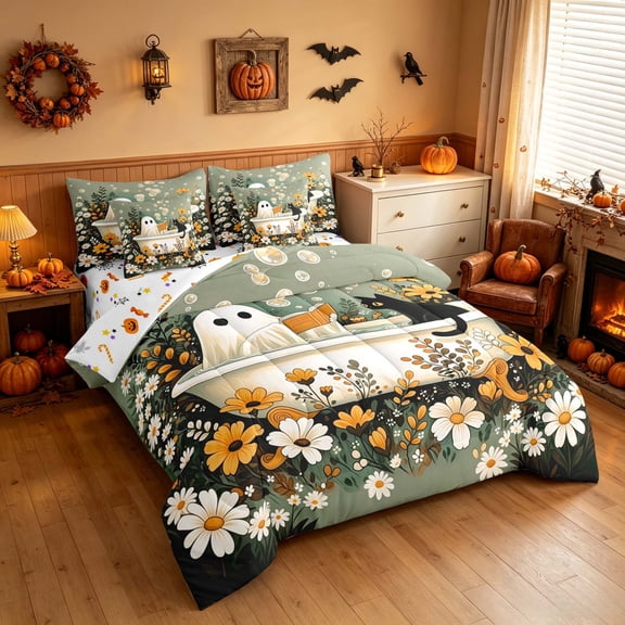 Homewish Halloween Bath Ghost Twin Bedding, Blossoms Black Cat Bedding Comforter Set, Sage Green White, Pumpkin Bat Reversible 7pcs