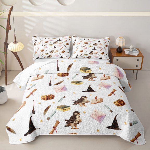 Homewish Halloween Bed Spread Queen,Owl Magic Book Pattern Queen Coverlet Set,3pcs