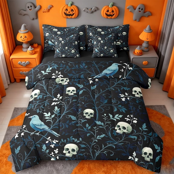 Homewish Halloween Bird Skull 7-Piece Twin Bedding,Rustic Floral Pattern Bedding Comforter Set,Navy Teal Black,Black Reversible