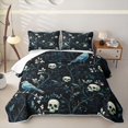 thumbnail image 1 of Homewish Halloween Bird Skull Quilt Full,Rustic Floral Pattern Full Bedspread Sets,Navy Teal Black,3 Pieces, 1 of 7