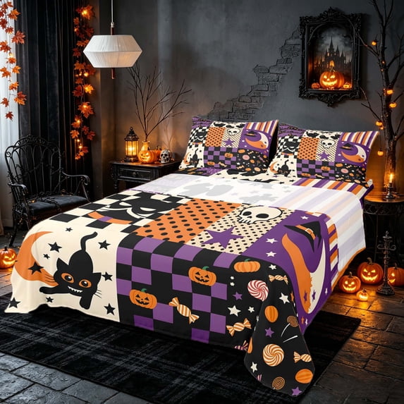 Homewish Halloween Black Cat Queen Sheets, Pumpkin Candy Plaid Queen Sheet Sets, Purple Black Orange, 4pcs (1 Flat Sheet, 1 Fitted Sheet and 2 Pillowcases)