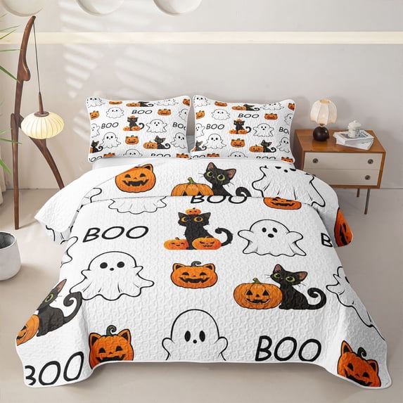Homewish Halloween Boo Cat Twin Quilt Set,Cute Pumpkin Lantern Pattern Twin Coverlet Set,White Orange Black,2pcs