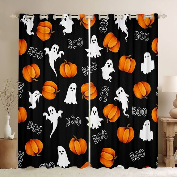 Homewish Halloween Boo Ghost Blackout Curtains, Classic Pumpkin Lantern Curtains Pack of 2 (42x84 Each), Black Orange White