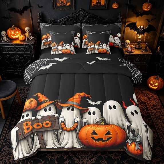 Homewish Halloween Boo Ghost Full Size Bedding Sets for Kids, Pumpkin Spider Web Bat Full Size Bed in a Bag, Black Reversible, 7pcs