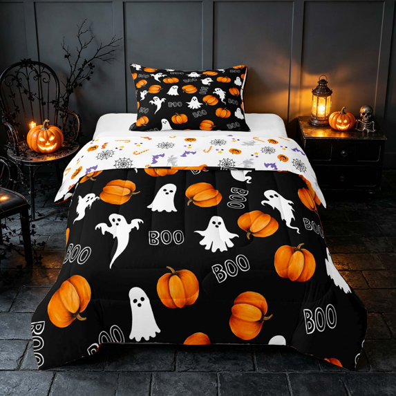 Homewish Halloween Boo Ghost Twin Comforter Sets, Classic Pumpkin Lantern Bedding Set, Black Orange White, Pumpkin Bat Reversible, 2 Pieces 1 Comforter and 1 Pillowcase