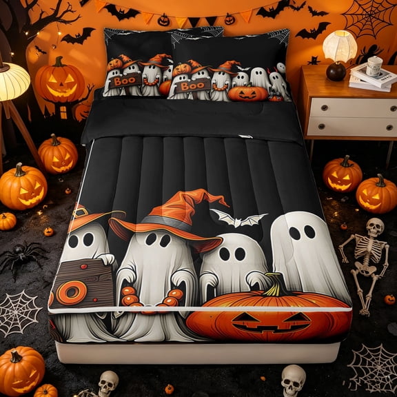 Homewish Halloween Boo Ghost Zipper Queen Comforter Set with Fitted Sheet and 2 Pillowcases for Kids, Pumpkin Spider Web Bat Zipper Bedding Set, Black Reversible, 4pcs