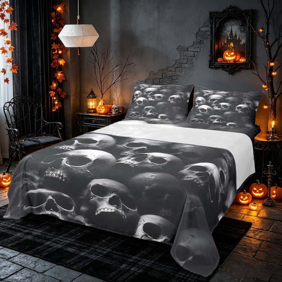 Homewish Halloween Candy Skull Bed Sheets, Gothic Skeleton Full Size Sheets, Charcoal Gray, 4pcs (1 Flat Sheet, 1 Fitted Sheet and 2 Pillowcases)