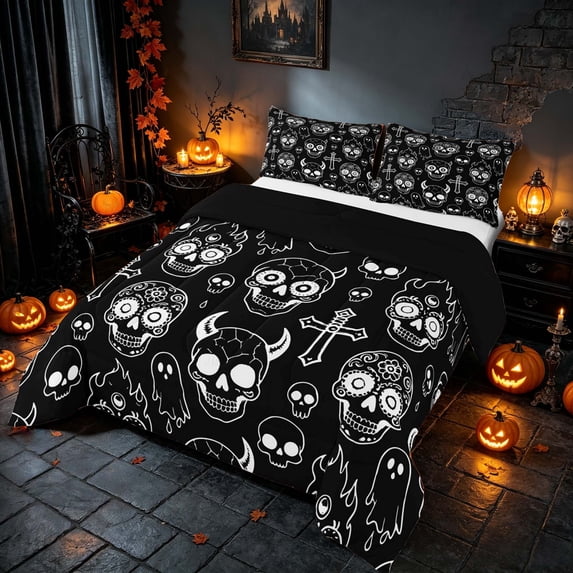Homewish Halloween Candy Skull Full Size Comforter Sets, Spooky Animal Bedding Comforter Set, Black White, Black Reversible, 3pcs 1 Comforter and 2 Pillowcases