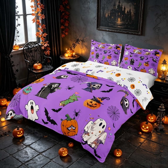Homewish Halloween Cartoon Ghost Duvet Cover Queen, Bat Pumpkin Queen Bedding, Lavender Purple Black Orange, Pumpkin Bat Reversible 3-Piece, 1 Duvet Cover and 2 Pillowcases