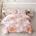 thumbnail image 1 of Homewish Halloween Cartoon Ghost Quilt Full for Girls, Fall Pumpkin Flower Full Bedspread Sets, Blush Pink, 3pcs 1 Bedspread and 2 Pillowcases, 1 of 7