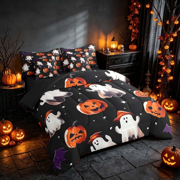 Homewish Halloween Cartoon Ghost Twin Bedding, Pumpkin Lantern Bedding Comforter Set, Black Orange Purple, Black Reversible 7 Pieces