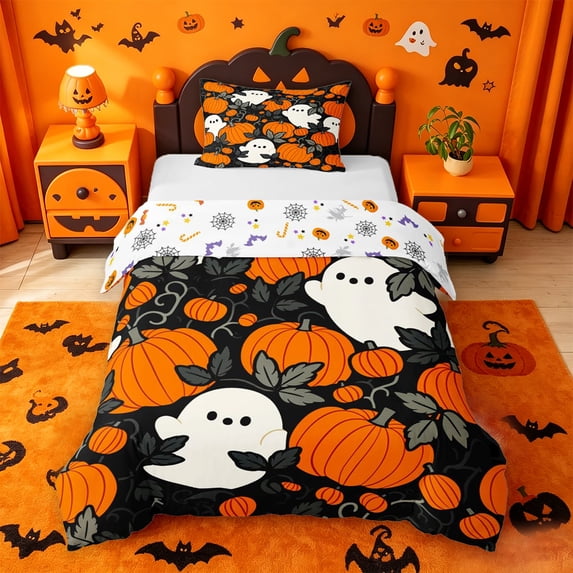 Homewish Halloween Cartoon Ghost Twin Duvet Cover,Jack O Lantern Vine Print Twin Bedding,Black Orange,Halloween Reversible,2pcs,1 Duvet Cover and 1 Pillowcase