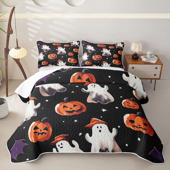 Homewish Halloween Cartoon Ghost Twin Quilt Set, Pumpkin Lantern Twin Coverlet Set, Black Orange Purple, 2-Piece 1 Bedspread and 1 Pillowcase