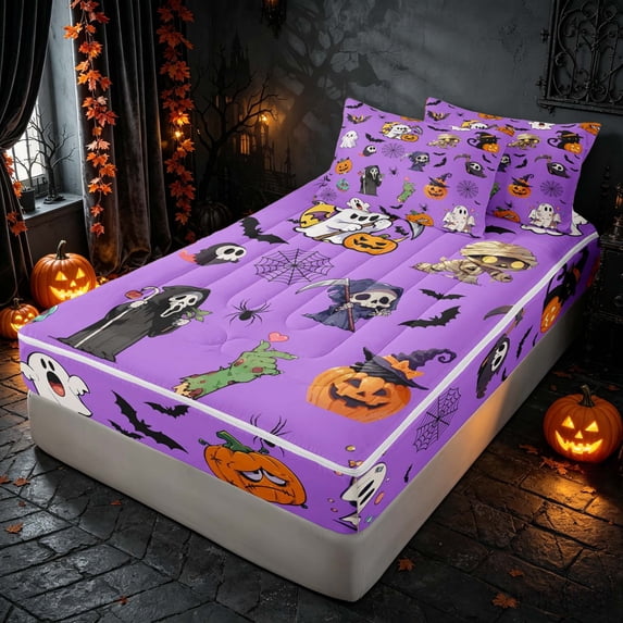 Homewish Halloween Cartoon Ghost Zipper Twin Comforter Sets with Fitted Sheet and 2 Pillowcases, Bat Pumpkin Zipper Bedding Set, Lavender Purple Black Orange, Pumpkin Bat Reversible