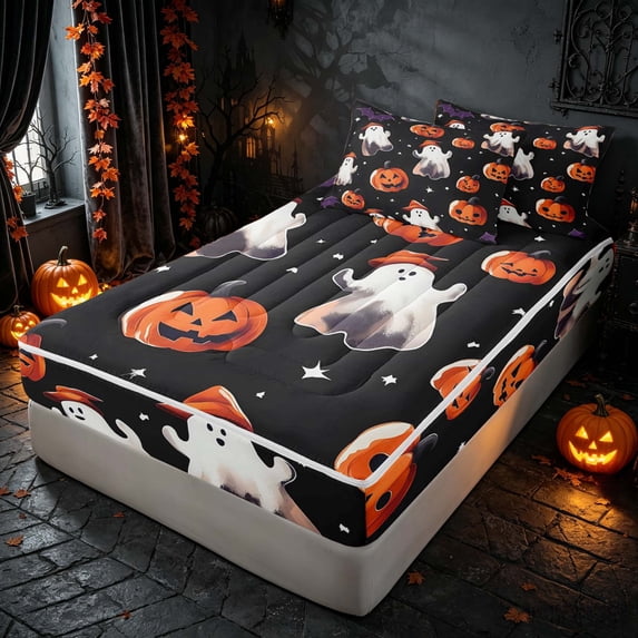 Homewish Halloween Cartoon Ghost Zipper Twin Comforter Sets with Fitted Sheet and 2 Pillowcases, Pumpkin Lantern Zipper Bedding Set, Black Orange Purple, Black Reversible
