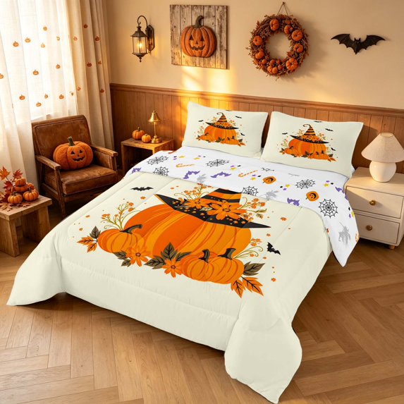 Homewish Halloween Cartoon Pumpkin Full Size Comforter Sets, Autumn Floral Bat Bedding Comforter Set, Pale Yellow Orange, Pumpkin Bat Reversible, 3 Pieces 1 Comforter and 2 Pillowcases