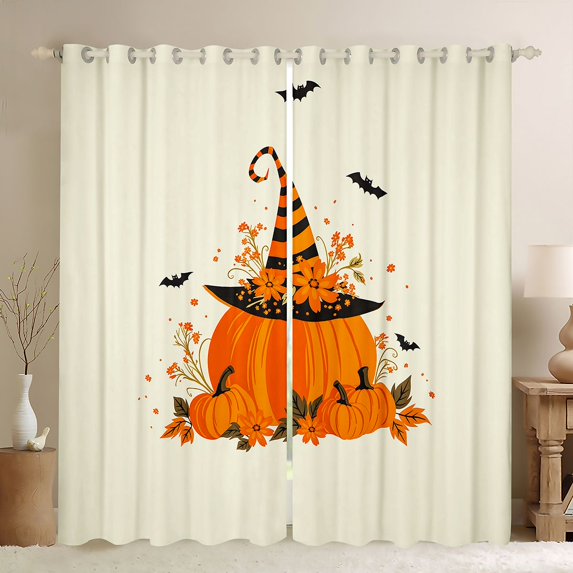 Homewish Halloween Cartoon Pumpkin Kitchen Curtains, Autumn Floral Bat Black Out Curtains Pack of 2 (42x63 Each), Pale Yellow Orange